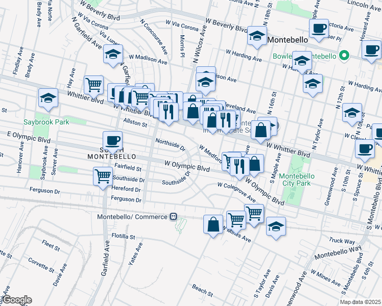 map of restaurants, bars, coffee shops, grocery stores, and more near 2009 Millis Street in Montebello