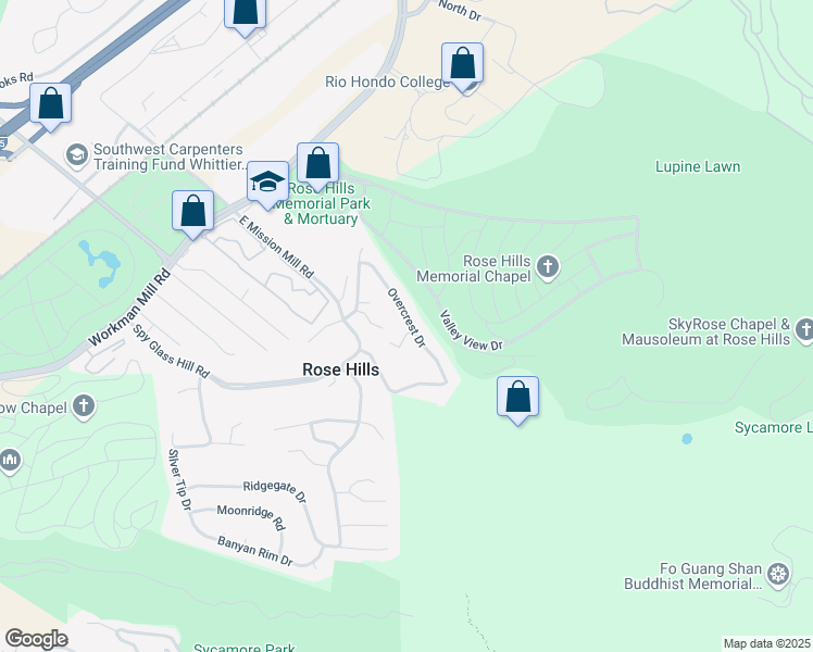 map of restaurants, bars, coffee shops, grocery stores, and more near 4103 Eadhill Place in Whittier