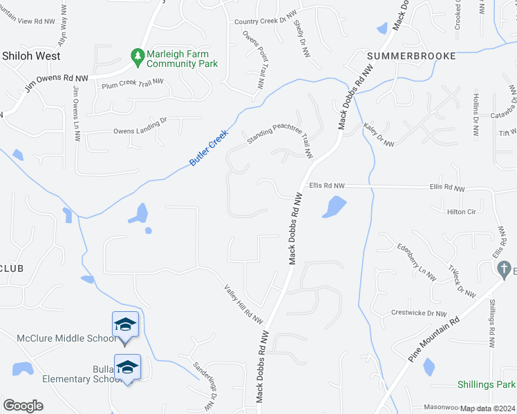 map of restaurants, bars, coffee shops, grocery stores, and more near 2336 Standing Peachtree Court Northwest in Kennesaw