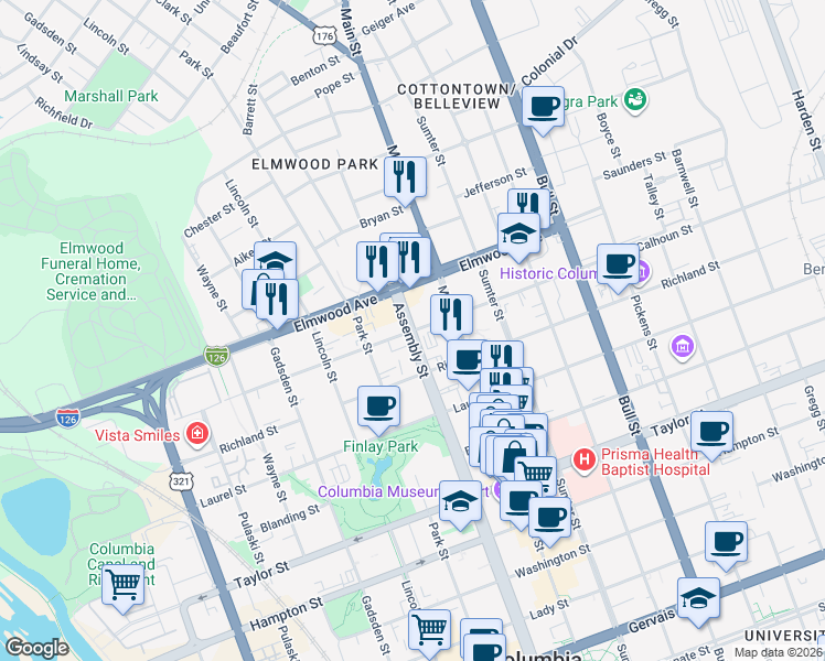 map of restaurants, bars, coffee shops, grocery stores, and more near Calhoun Street in Columbia