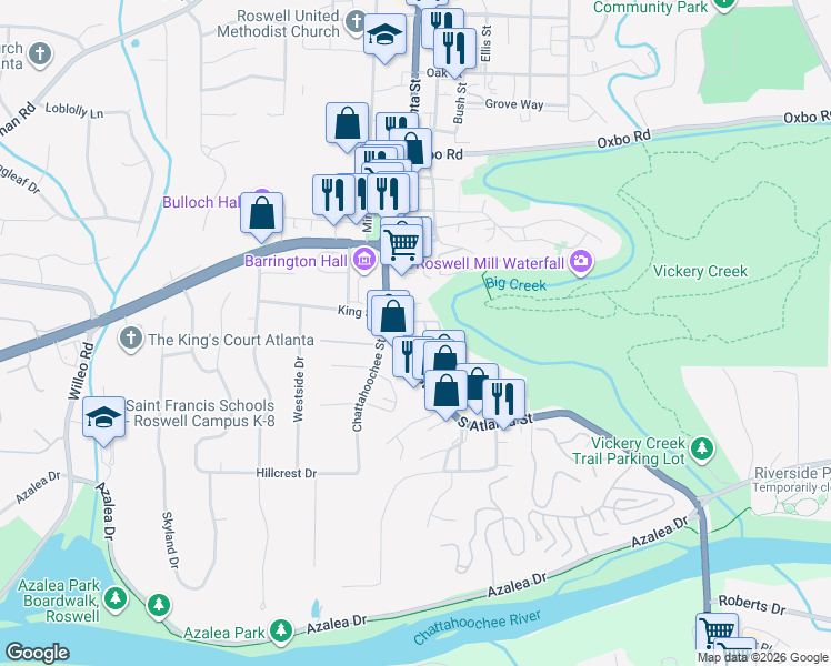 map of restaurants, bars, coffee shops, grocery stores, and more near 240 Neel Reid Drive in Roswell