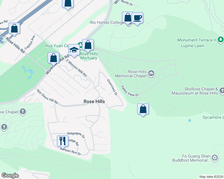 map of restaurants, bars, coffee shops, grocery stores, and more near 4103 Eadhill Place in Whittier