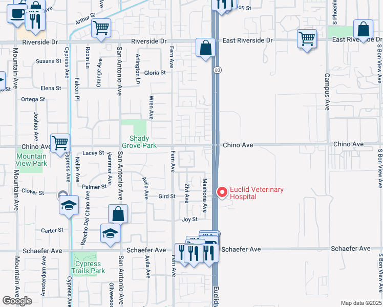 map of restaurants, bars, coffee shops, grocery stores, and more near 7015 Lacey Street in Chino