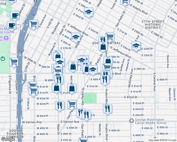 map of restaurants, bars, coffee shops, grocery stores, and more near 308 East Martin Luther King Junior Boulevard in Los Angeles