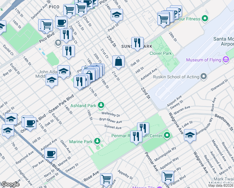 map of restaurants, bars, coffee shops, grocery stores, and more near 1814 Ashland Avenue in Santa Monica