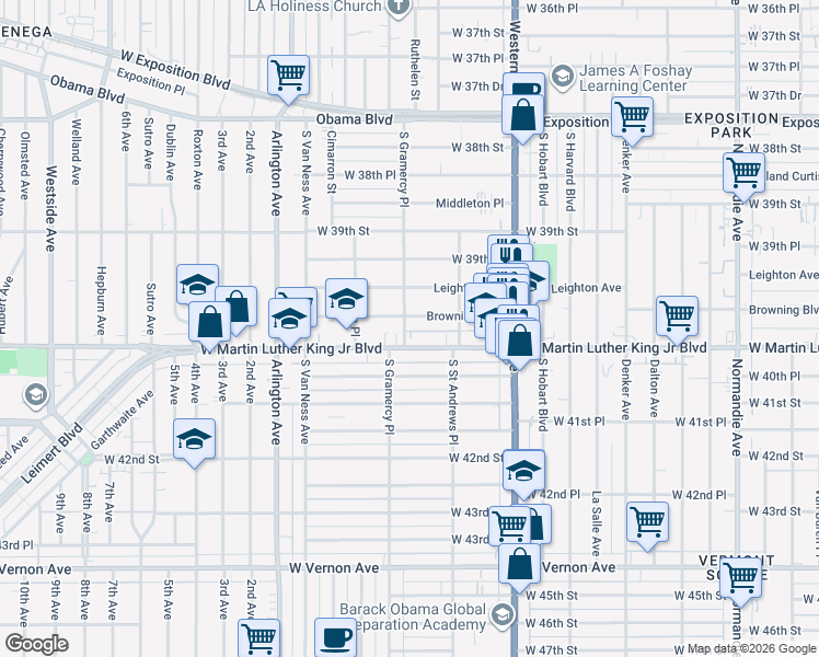map of restaurants, bars, coffee shops, grocery stores, and more near 3982 South Gramercy Place in Los Angeles