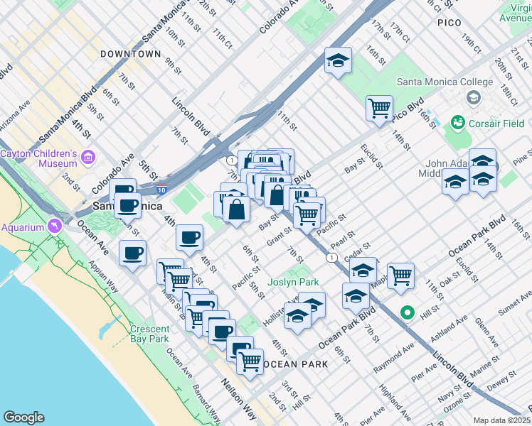 map of restaurants, bars, coffee shops, grocery stores, and more near 631 Bay Street in Santa Monica