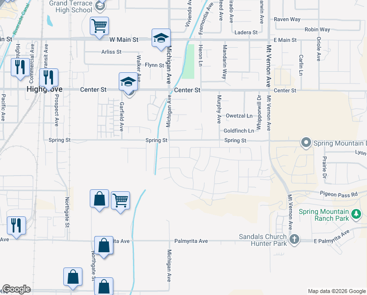 map of restaurants, bars, coffee shops, grocery stores, and more near 7574 Goldenfruit Circle in Riverside