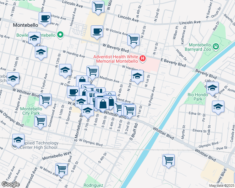 map of restaurants, bars, coffee shops, grocery stores, and more near 405 West Cleveland Avenue in Montebello