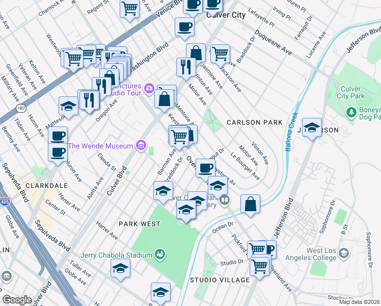 map of restaurants, bars, coffee shops, grocery stores, and more near 4340 Overland Avenue in Culver City