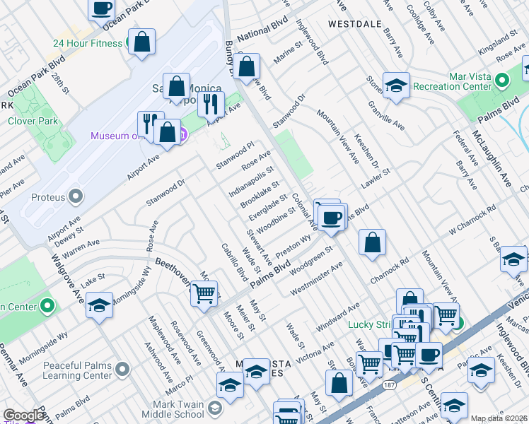 map of restaurants, bars, coffee shops, grocery stores, and more near 12601 Woodbine Street in Los Angeles