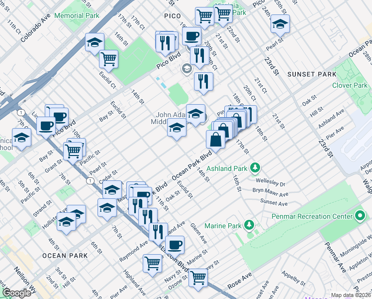 map of restaurants, bars, coffee shops, grocery stores, and more near 1343 Ocean Park Boulevard in Santa Monica