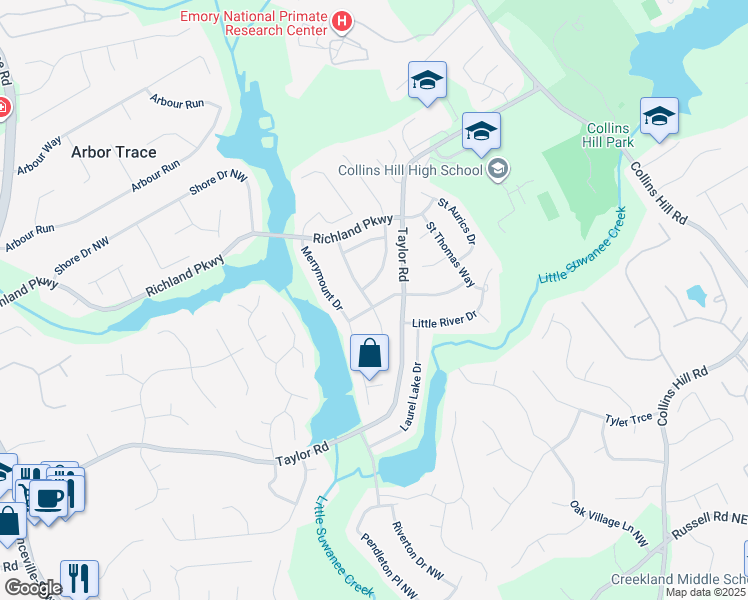 map of restaurants, bars, coffee shops, grocery stores, and more near 251 Waterford Cove Drive in Suwanee
