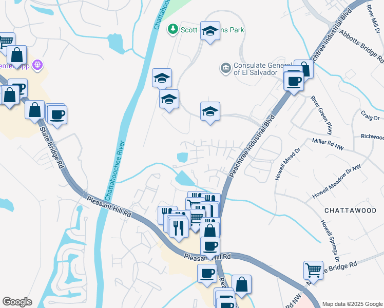 map of restaurants, bars, coffee shops, grocery stores, and more near 3562 Knotsberry Lane in Duluth