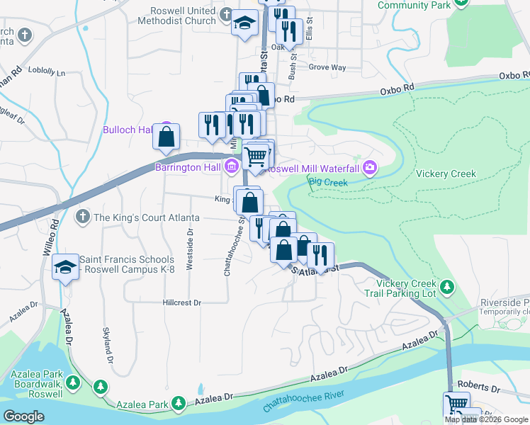 map of restaurants, bars, coffee shops, grocery stores, and more near 240 Neel Reid Drive in Roswell