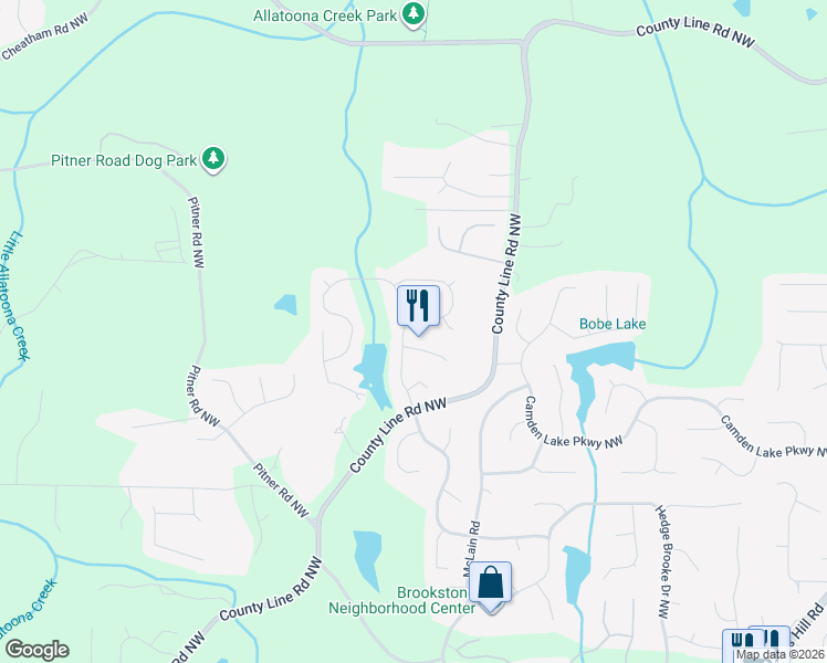 map of restaurants, bars, coffee shops, grocery stores, and more near 2318 Starr Lake Drive Northwest in Acworth
