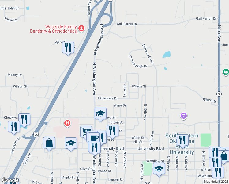 map of restaurants, bars, coffee shops, grocery stores, and more near 1208 4 Seasons Drive in Durant