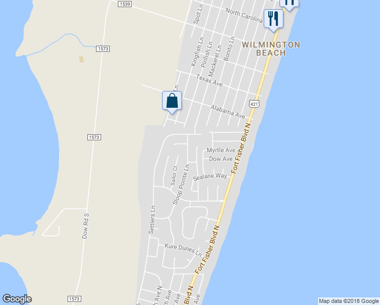 map of restaurants, bars, coffee shops, grocery stores, and more near 774 Sloop Pointe Lane in Kure Beach