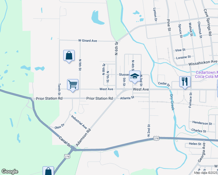 map of restaurants, bars, coffee shops, grocery stores, and more near 645 West Avenue in Cedartown