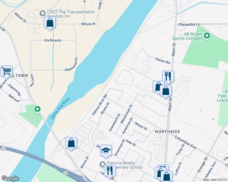 map of restaurants, bars, coffee shops, grocery stores, and more near 4566 Snake River Road in Riverside