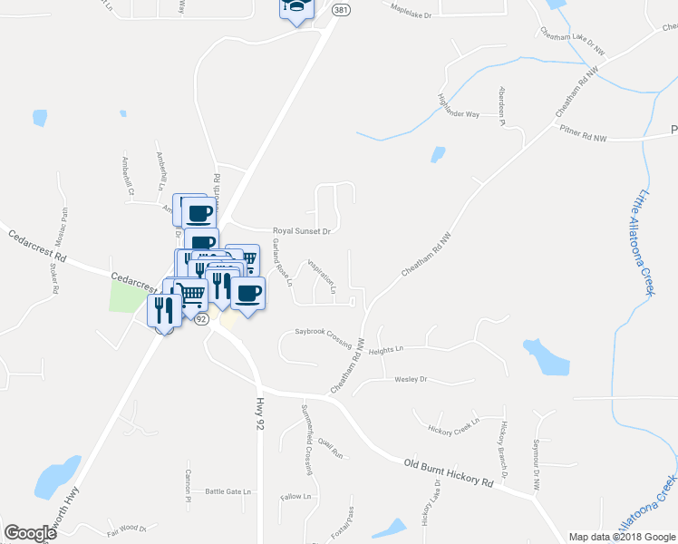 map of restaurants, bars, coffee shops, grocery stores, and more near 143 Shamrock Path in Acworth
