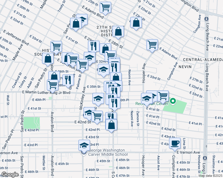 map of restaurants, bars, coffee shops, grocery stores, and more near 3501 South Central Avenue in Los Angeles