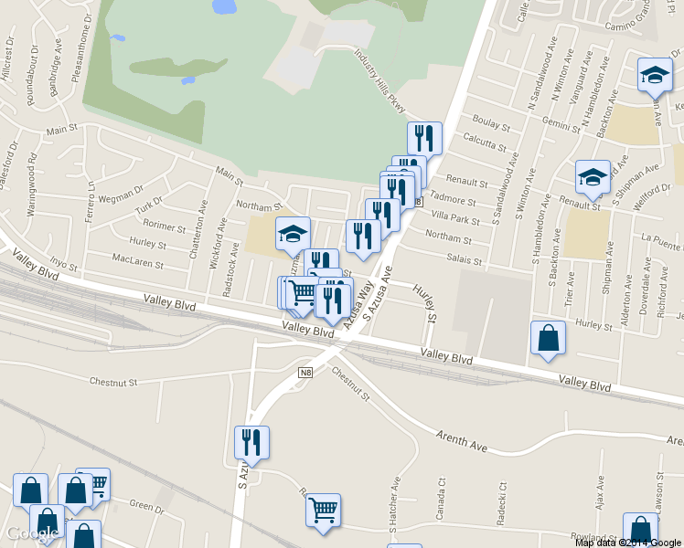 map of restaurants, bars, coffee shops, grocery stores, and more near 17353 Valley Boulevard in La Puente