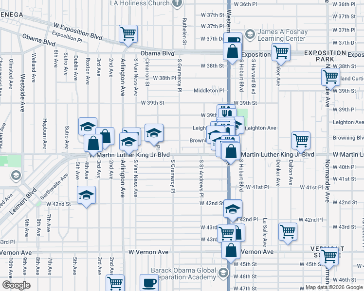 map of restaurants, bars, coffee shops, grocery stores, and more near 3982 South Gramercy Place in Los Angeles