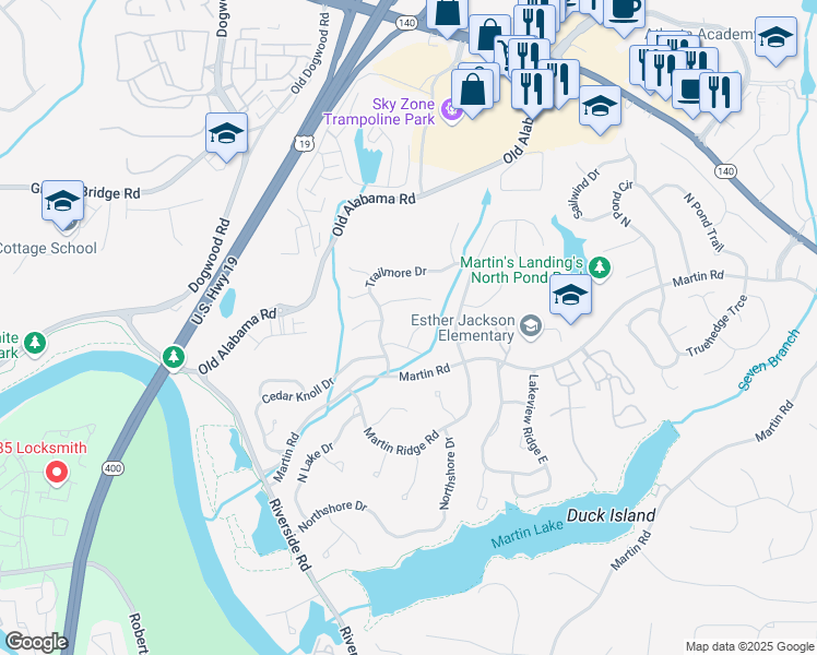 map of restaurants, bars, coffee shops, grocery stores, and more near 30 Sweetwood Court in Roswell