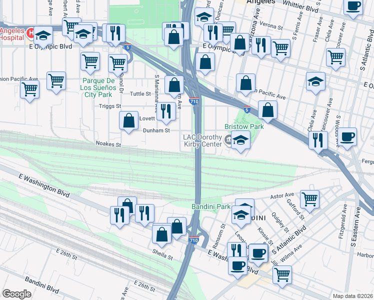 map of restaurants, bars, coffee shops, grocery stores, and more near 1549 South Sydney Drive in Commerce