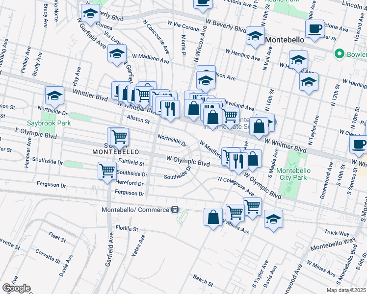 map of restaurants, bars, coffee shops, grocery stores, and more near 2101 Easton Street in Montebello