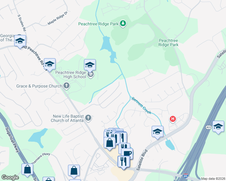 map of restaurants, bars, coffee shops, grocery stores, and more near 1470 Belmont Hills in Suwanee
