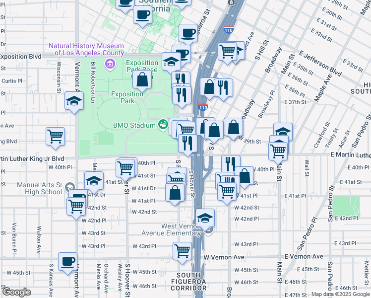map of restaurants, bars, coffee shops, grocery stores, and more near 3990 South Figueroa Street in Los Angeles