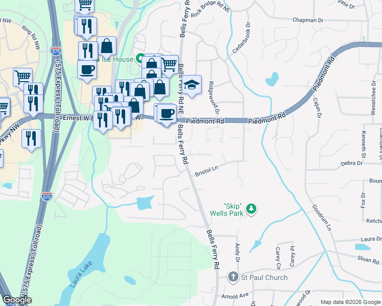 map of restaurants, bars, coffee shops, grocery stores, and more near 143 Kendrick Farm Lane in Marietta