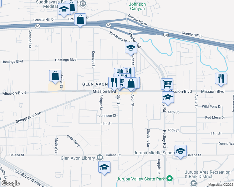 map of restaurants, bars, coffee shops, grocery stores, and more near 9110 Mission Boulevard in Riverside
