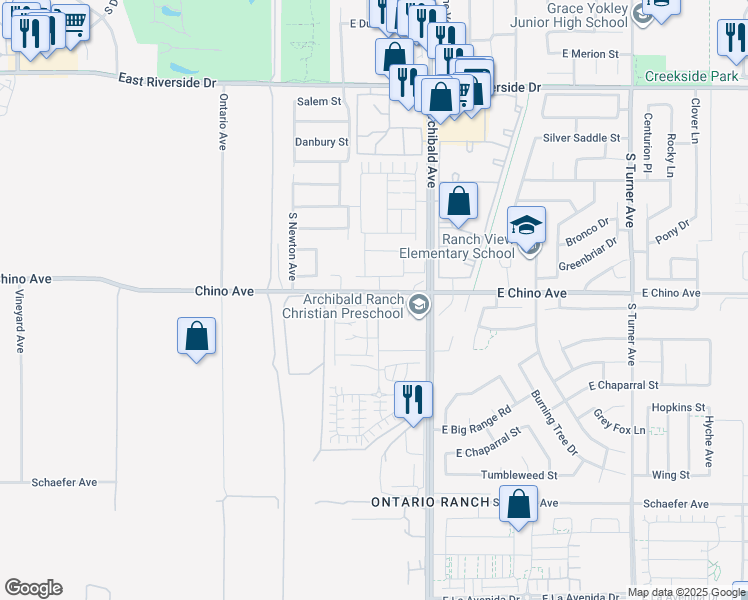map of restaurants, bars, coffee shops, grocery stores, and more near 9655 Chino Avenue in Ontario