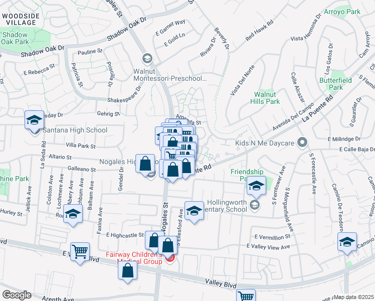 map of restaurants, bars, coffee shops, grocery stores, and more near 3660 Nogales Street in West Covina