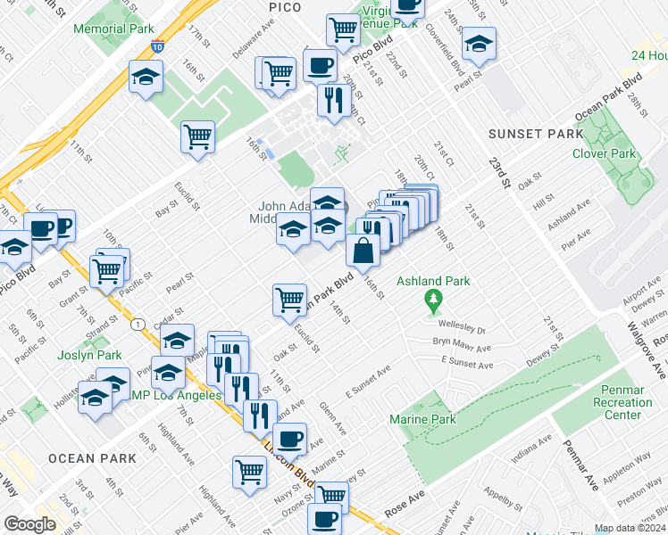 map of restaurants, bars, coffee shops, grocery stores, and more near 1506 1/2 Maple Street in Santa Monica