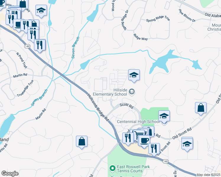 map of restaurants, bars, coffee shops, grocery stores, and more near 120 West Ridge Way in Roswell