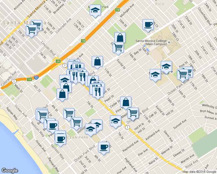 map of restaurants, bars, coffee shops, grocery stores, and more near 1011 Pacific Street in Santa Monica
