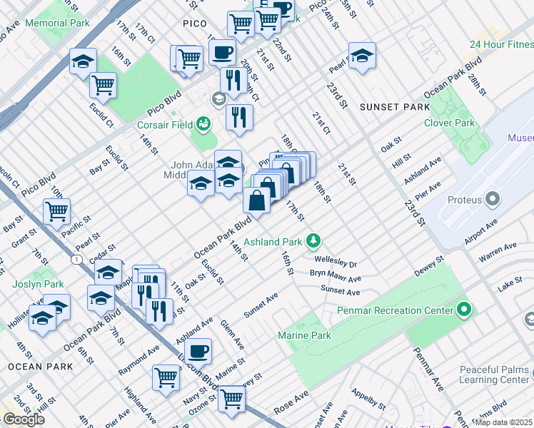 map of restaurants, bars, coffee shops, grocery stores, and more near 2612 16th Street in Santa Monica