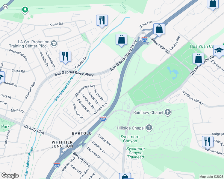 map of restaurants, bars, coffee shops, grocery stores, and more near 3684 Elford Drive in Whittier