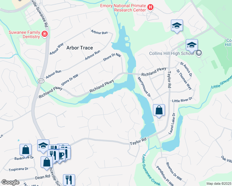 map of restaurants, bars, coffee shops, grocery stores, and more near 335 Lake Bluff Court in Suwanee