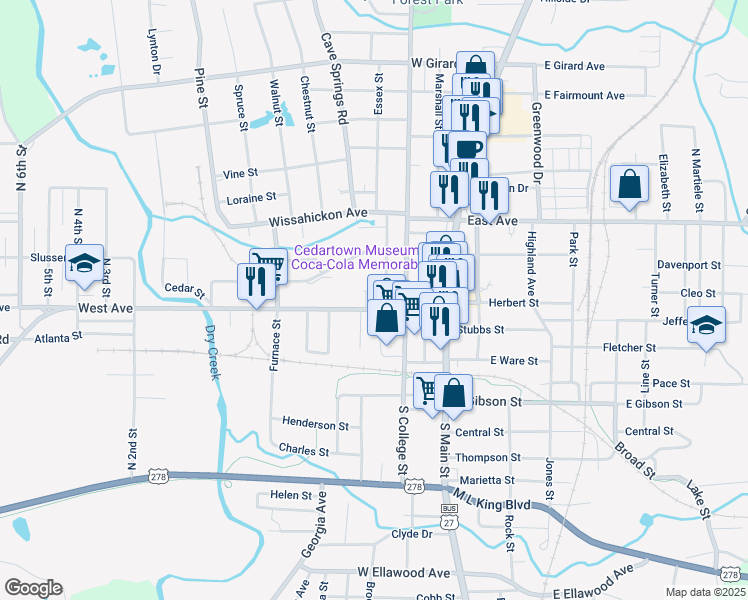 map of restaurants, bars, coffee shops, grocery stores, and more near 321/d West Avenue in Cedartown