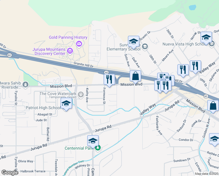 map of restaurants, bars, coffee shops, grocery stores, and more near 7372 Mission Boulevard in Riverside
