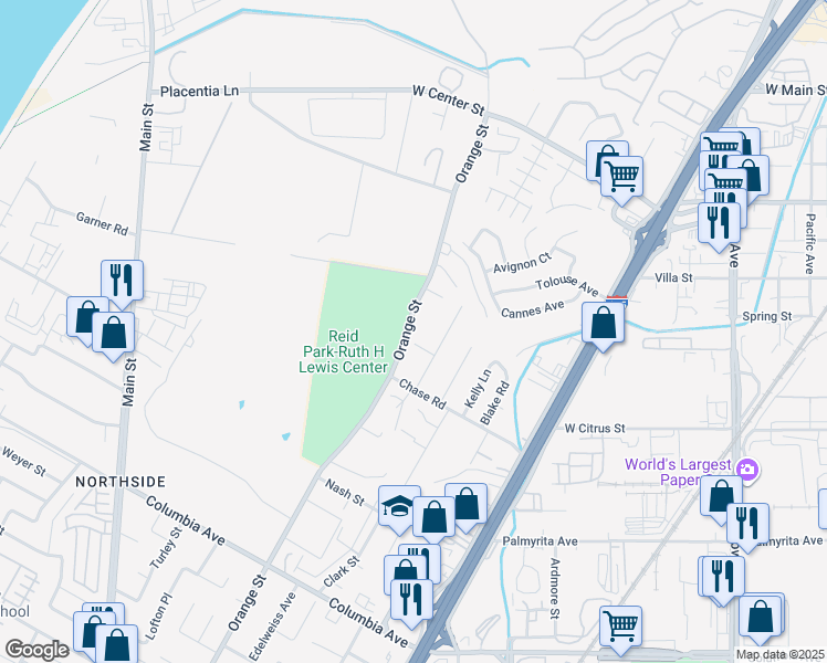 map of restaurants, bars, coffee shops, grocery stores, and more near 756 Orange Street in Riverside