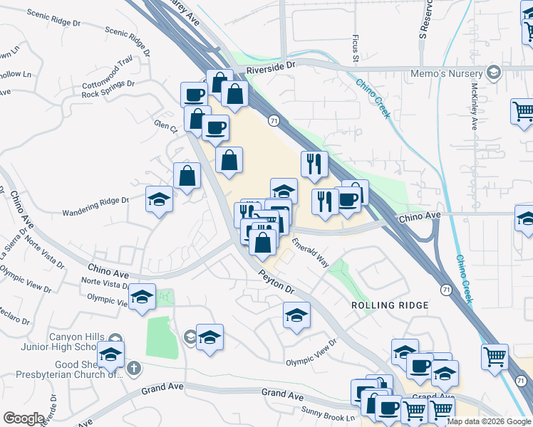 map of restaurants, bars, coffee shops, grocery stores, and more near 2941 Rolling Village Drive in Chino Hills