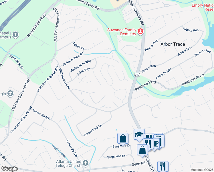 map of restaurants, bars, coffee shops, grocery stores, and more near 2285 Compton Place in Suwanee