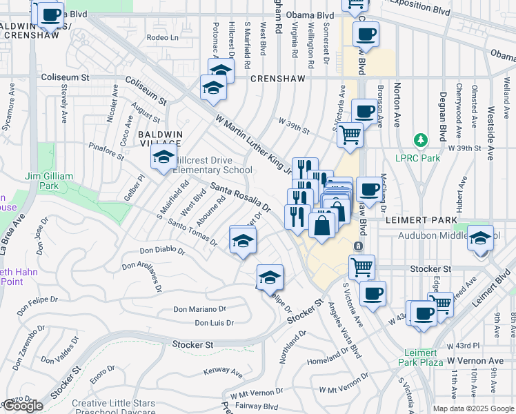map of restaurants, bars, coffee shops, grocery stores, and more near 4101 Somerset Drive in Los Angeles