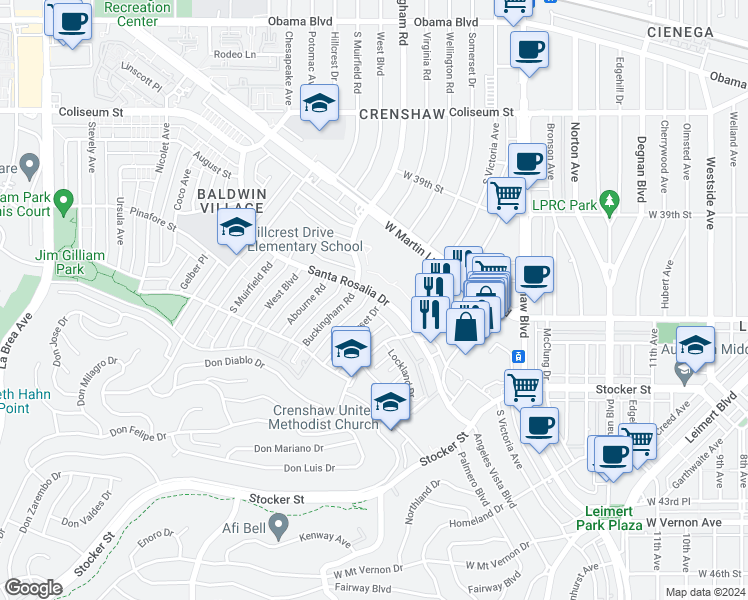 map of restaurants, bars, coffee shops, grocery stores, and more near 4101 Somerset Drive in Los Angeles